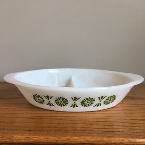 Glasbake Divided Serving Dish 12in White Excellent Green Pinwheel Fan J2352 MCM
